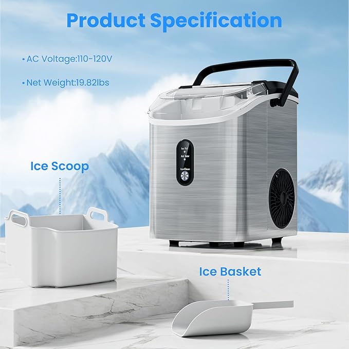 Antarctic Star Nugget Ice Makers Countertop, Portable Ice Maker Machine with Self-Cleaning, 35lbs/24H, Crushed Ice Machine with Handle & Scoop for Home, Kitchen, Office and Camping(Stainless Steel)