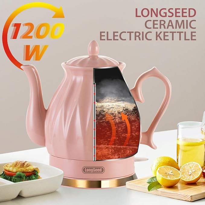 Ceramic Electric Kettle, 1.5L/1200W Boil Water Quickly and Easily with Boil-Dry Protection Auto Shut Off, Detachable Swivel Base, Diamond Cut Glazed