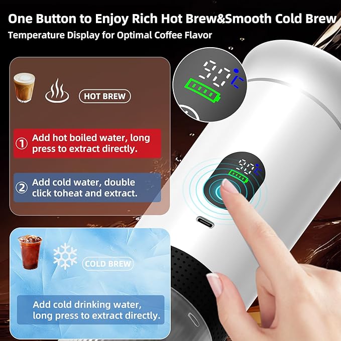 Portable Coffee Maker for Travel & Camping, Portable Espresso Maker for Travel, Rechargeable Cordless Battery Operated Coffee Makers for Ground Coffee, NS Capsule RV, Hiking, Office(White)
