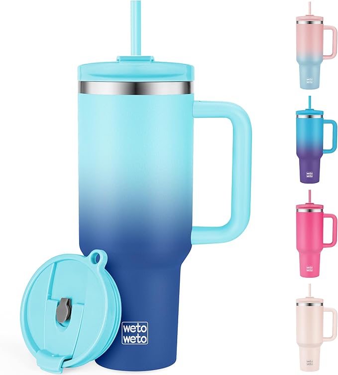 40oz Tumbler with Handle | Insulated Stainless Steel Travel Mug | 34Hrs Cold & 10Hrs Hot Retention | 100% Leakproof Lid & Straw | Dishwasher Safe + Car Cup Holder Fit (Light Dark Blue Gradient)