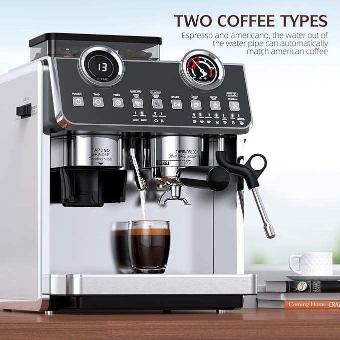 Espresso Machine with Grinder, 20 Bar Pressure Professional Espresso Maker with 30 Grinding Settings, 58mm Portafilte, Anti-scalding Milk Frother Steam Wand for Latte Cappuccino (Stainless Steel)