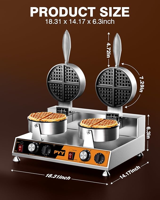 PYY Commercial Waffle Maker - Double Waffle Maker, Non-stick Electric Chaffle Maker for Restaurant Party Food Stall, Large, Stainless Steel