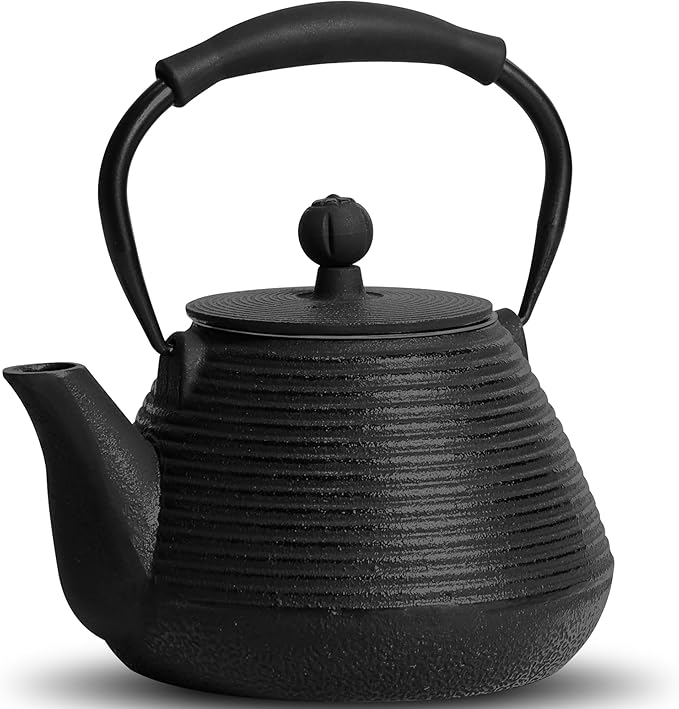Cast Iron Teapot, 33oz Tea Kettle Stovetop Safe with Infuser for Tea & Coffee, Hand made Japanese Tea Pot Coated with Enameled Interior, Silicone Handle, 950ml Black