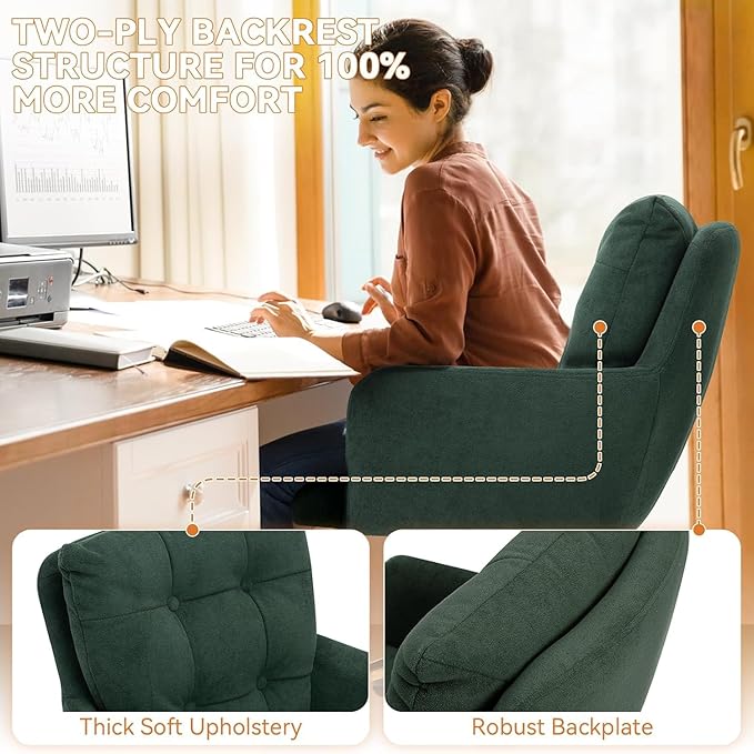Flannel Office Chair, Comfy Home Office Desk Chairs with Lumbar Support, Modern Velvet Desk Chair Gold Legs Small Swivel Task Chair for Home Office, Bedroom, Study (Green, L)