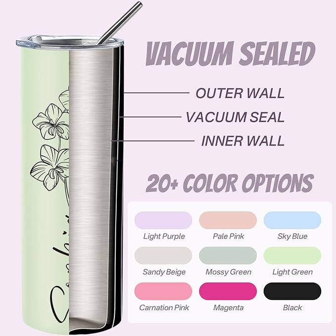 Personalized 20 Oz Stainless Steel Skinny Tumblers with Birth Flower & Name, 24 Colors - Perfect for Birthdays, Anniversaries, and More