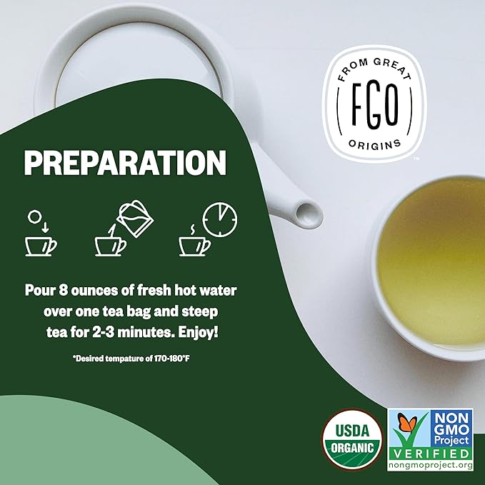 FGO Organic Green Tea, 20 Count Eco-Conscious Tea Bags, Caffeinated, Resealable Pouch, Packaging May Vary (Pack of 1)