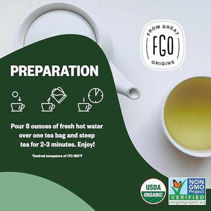 FGO Organic Green Tea, 20 Count Eco-Conscious Tea Bags, Caffeinated, Resealable Pouch, Packaging May Vary (Pack of 1)