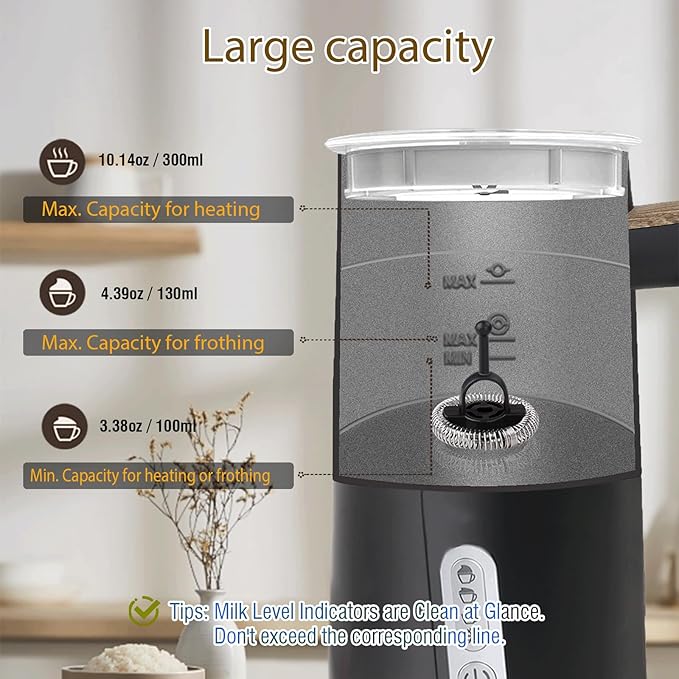 Electric Milk Frother and Steamer, 4-in-1 Milk Steamer with Wood Elements Design, Automatic Hot & Cold Foam Maker for Latte, Cappuccinos, Macchiato, Milk Warmer, Black (black)