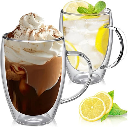 12 Ounces Set of 2 Double Walled Glass Coffee Mugs with Handle Insulated Layer Coffee Cups Borosilicate Glass Espresso Double Insulated Clear Glass Coffee Mug for Hot Beverages