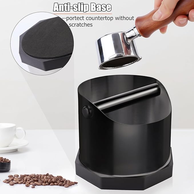 Coffee Knock Box, Large Capacity Espresso Knock Box with Non-Slip Base, Coffee Measuring Cup, Coffee Puck Knock Box Stainless Steel for Espresso Machine Coffee Grounds (Black)