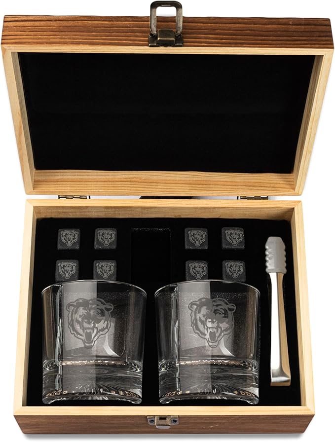 The Memory Company Officially Licensed NFL Wood Boxed Drinkware Set, with 2 Rocks Glasses and Cooling Cubes, Chicago Bears