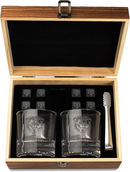 The Memory Company Officially Licensed NFL Wood Boxed Drinkware Set, with 2 Rocks Glasses and Cooling Cubes, Chicago Bears