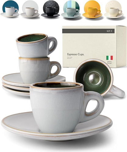 KIVY Stoneware Espresso Cups, 4-Piece Set - Italian Design, Thick-Walled, 3 oz, Microwave & Dishwasher Safe