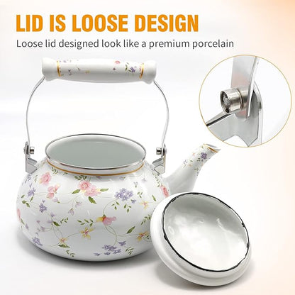 Enamel Teakettle Floral Teapot for Stovetop, 2.5L Large Green Floral Tea Kettle with Ceramic Handel Turkish Style(Green Rose)