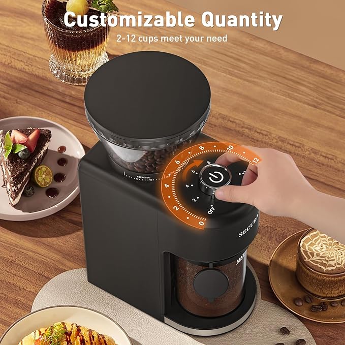 Secura Stainless Steel Conical Burr Coffee Grinder – 35 Grind Settings, 2-12 Cup Capacity, 8.8 oz Bean Storage, One-Touch Operation