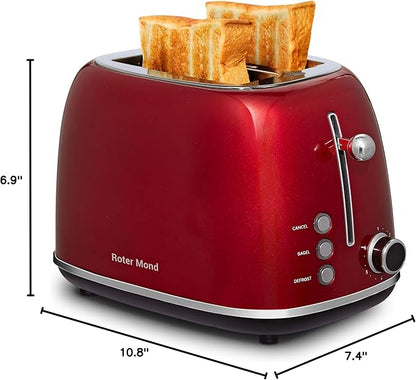 Roter Mond 2 Slice Toaster Retro Stainless Steel with Bagel, Cancel, and Defrost Functions, 6 Bread Shade Settings, Extra Wide Slots and Removable Crumb Tray, Red