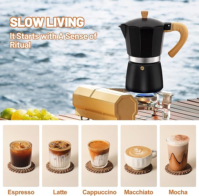 6 Cup Aluminum Espresso Stovetop Moka Pot Express Coffee Maker Percolator Italian Classic Mocha Coffee Machine for Italian and Cuban Cafe Brewing for Home & Camping 300ml 10oz