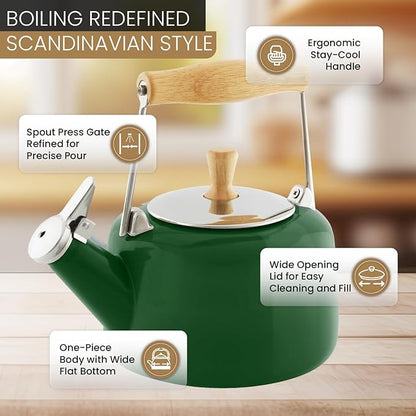 Chantal SVEN Enamel on Steel Whistling Teakettle with Natural Wood handle, 1.4 quarts (Forest Green)