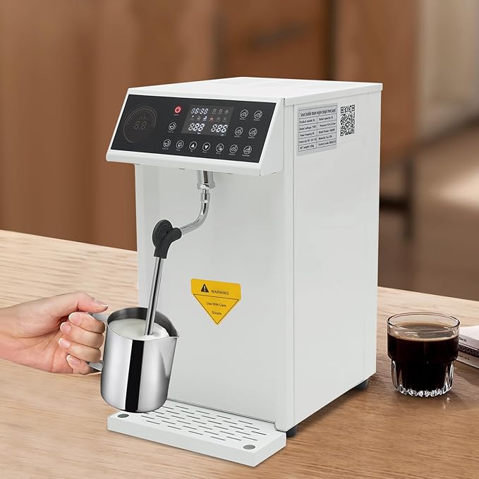 8L Commercial Milk Frother, 110V 1300W Electric Milk Steamer, Full-Automatic Steam Boiling Water Frothing Machine with 5 Adjustable Temperature, Milk Foam Maker for Coffee Tea Shop Hotel(White)