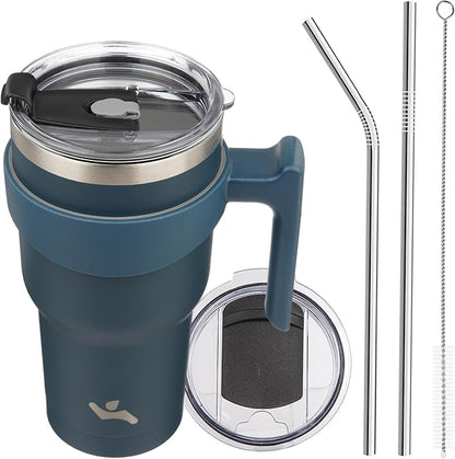 30 oz Tumbler with Handle and 2 Straw 2 Lid, Insulated Water Bottle Stainless Steel Vacuum Cup Reusable Travel Mug, Navy Blue
