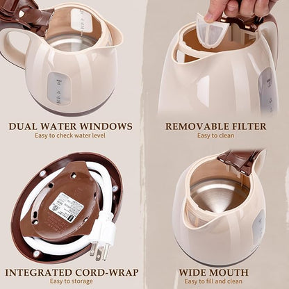 Aigostar Small Electric Kettle, 1L Portable Electric Tea Kettle 1100W with Automatic Shut-Off and Boil Dry Protection, Travel Hot Water Boiler Cordless for Making Coffee and Tea, BPA-Free, Brown