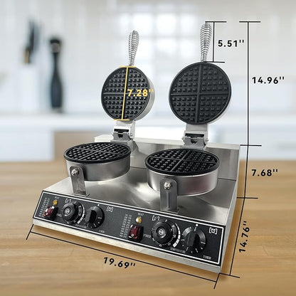 2400W Double Head Waffle Maker with Temperature & Time Control, Stainless Steel Commercial Waffle Iron with Non-Stick Coating for Home Cafe Restaurant Snack Bar Party Food Stall