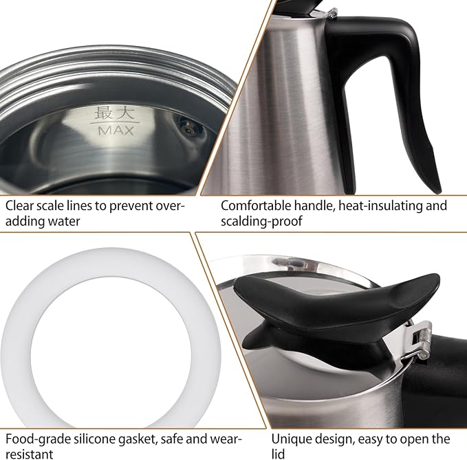 Electric Stainless Steel Moka Pot 6 Cup 300ml Mocha Pot Espresso Maker with Detachable Base Ideal Coffee Maker for Home Italian and Cuban Café Coffee maker Espresso maker Coffee Pot