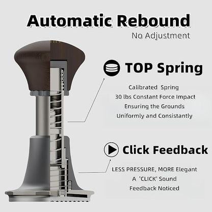 Coffee Expresso Hand Tamper Wooden Handle 3 Spring Loaded Calibrated 30lbs Sound Feedback for Espresso Machine 58mm