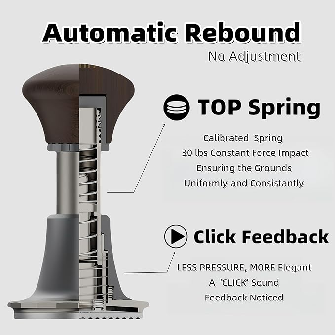 Coffee Expresso Hand Tamper Wooden Handle 3 Spring Loaded Calibrated 30lbs Sound Feedback for Espresso Machine 51mm