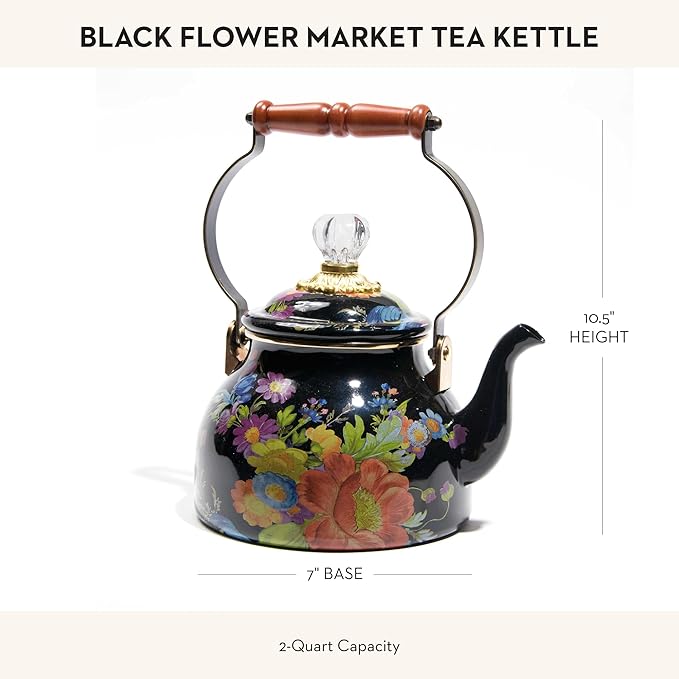 MACKENZIE-CHILDS Enamel Tea Kettle, Cute Kitchen Kettle for Stovetop, 2-Quart Capacity, Black Flower Market