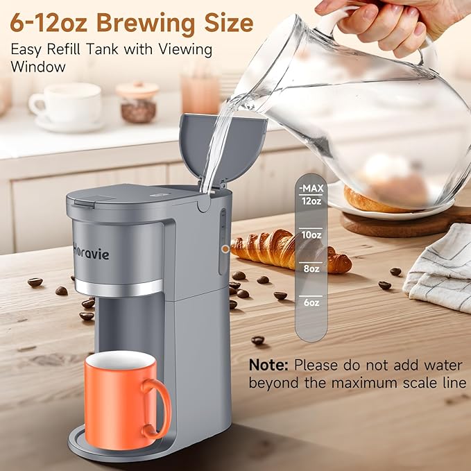 Small Single Serve Coffee Maker, Fast Brew One Cup Coffee Machine for K Cup and Grounds, 6 to 12 oz. Brew Sizes, Capsule Coffee Machine with Descaling Reminder and Viewing Tank, Grey