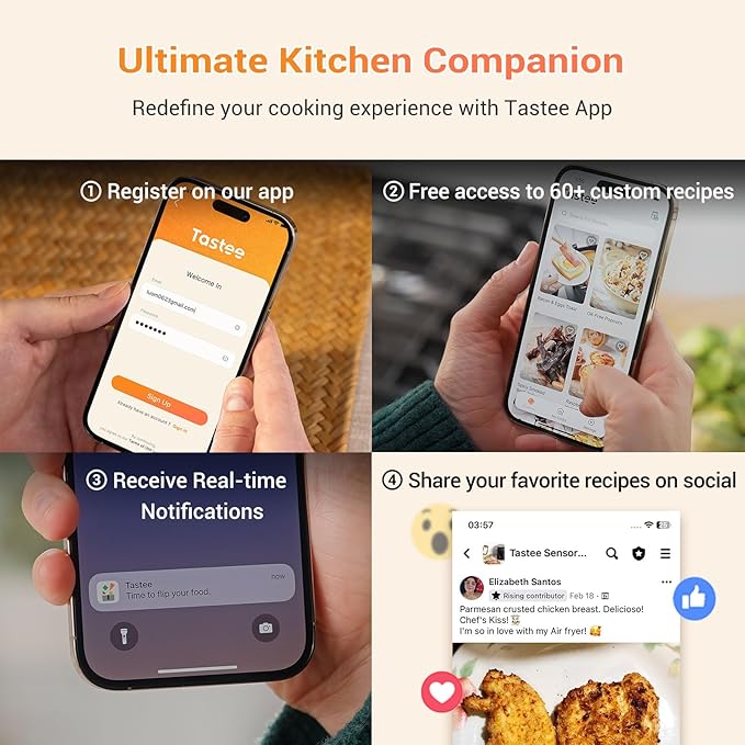 Tastee Air Fryer, 8-in-1 Compact 5.5QT AirFryers, 450°F Digital Airfryer Dehydrator with Dual-sensor Smart Probe, 24 Presets One-touch Cooking, In-app Recipes with Window, Dishwasher-safe & Non-stick
