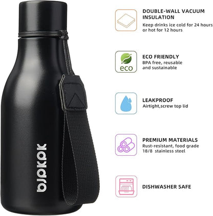 BJPKPK Insulated Water Bottles, 12oz Stainless Steel Metal Water Bottle with Strap, BPA Free Leak Proof Jugs, Mugs, Flasks, Reusable Thermal Flasks for Sports & Travel, Black
