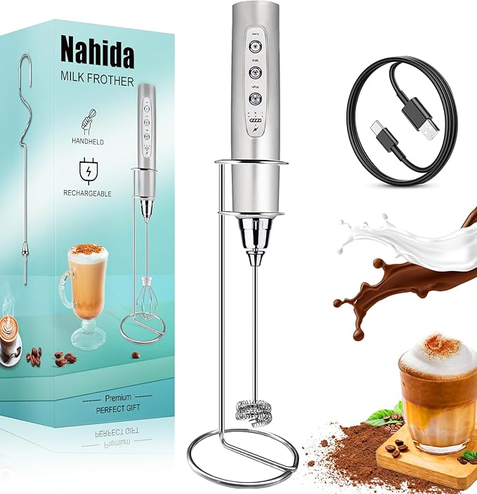 Nahida Milk Frother Wand for Coffee Frother Handheld with Stand Drink Mixer with 3 Heads 3 Speeds Electric Whisk Foam Maker For Latte, Cappuccino, Hot Chocolate - Silver