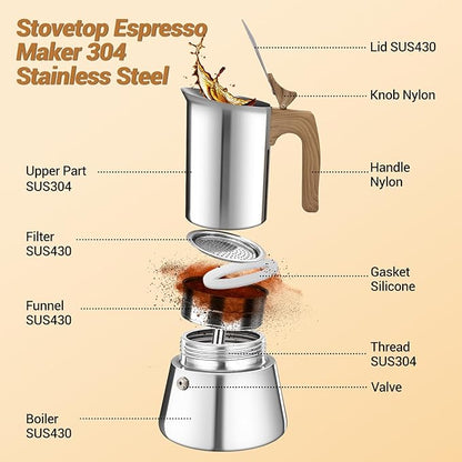 No Coating 12 Cup Moka Pot Thickened 304 Stainless Steel Stovetop Espresso Coffee Maker 600ml 20oz Mocha Percolator Greca Cuban Ideal for Making Rich Authentic Italian Café