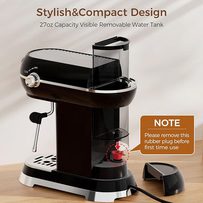 Espresso Machine with Milk Frother, 20 Bar Espresso Maker for Latte and Cappuccino, Expressions Coffee Machine with Removable Water Tank (Black)