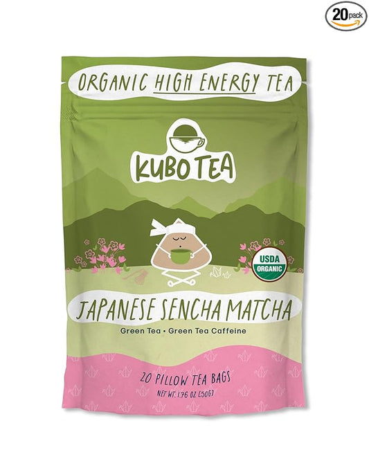 Kubo Tea Japanese Sencha Matcha Tea - Organic High Caffeine Energy Blend w/ Matcha Powder - 20 Pillow Tea Bags (140mg Caffeine each) - Coffee Substitute for Hot & Iced Drinks, Biodegradable & Compostable Packaging