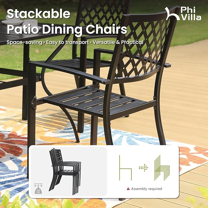 PHI VILLA Outdoor Dining Chairs Set of 2, Stackable Black Metal Wrought Iron Chairs, All Weather Dining Furniture for Patio, Deck, Proch, Backyard