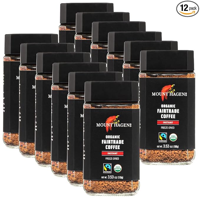 Mount Hagen 3.53oz Organic Freeze Dried Instant Coffee - 12 pack | Eco-friendly Coffee Made From Organic Medium Roast Arabica Beans | Fair-Trade Coffee Instant [12 x 3.53oz Jar]
