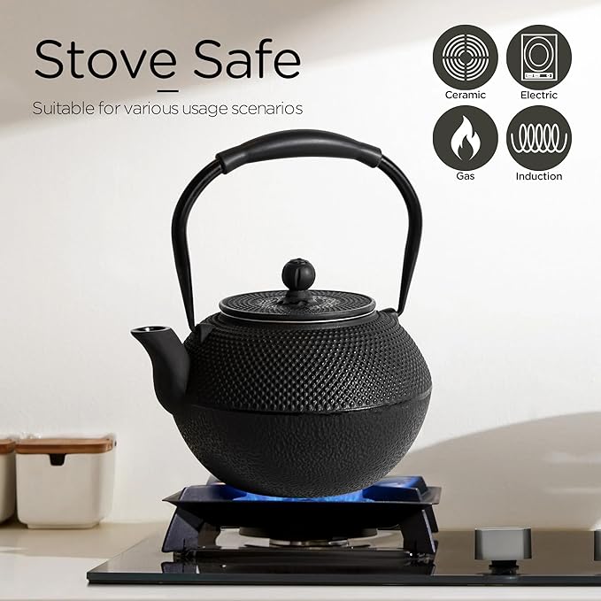 Cast iron Teapot, Tea Kettle for Stovetop Safe with Stainless Steel Infuser, Japanese Hand-made Tea Pot Coated with Enameled Interior for 42oz, 1200ml Black