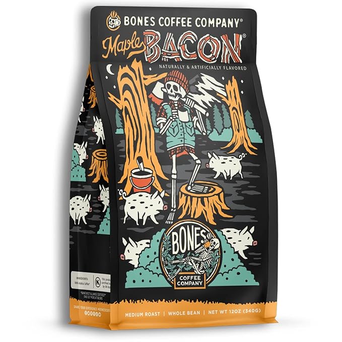 Bones Coffee Company Maple Bacon, Bacon and Maple Syrup Flavored Coffee, Medium Roast Low Acid Arabica Beans Compatible with Auto drip and French Press Coffee Maker, 12 Oz Whole Bean