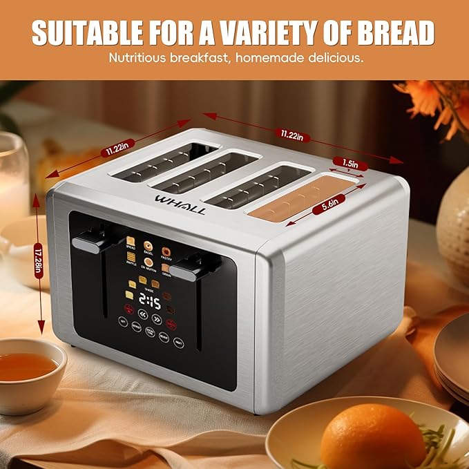 whall 4 Slice Touch Screen Toaster, Stainless Steel Toasters Digital Timer, Dual Control Panel Toasters，6 Shade Settings＆6 Bread Types, Smart Wide Slots, Bagel, Cancel, Defrost,Gray