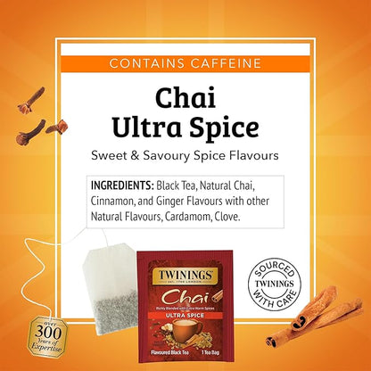 Twinings Ultra Spice Chai Individually Wrapped Bags, 20 Count (Pack of 6), Sweet, Savoury Spices, Caffeinated, Enjoy Hot or Iced, 120 Teabags