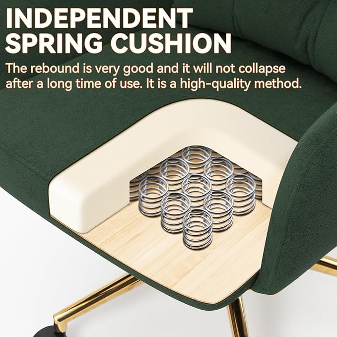 Flannel Office Chair, Comfy Home Office Desk Chairs with Lumbar Support, Modern Velvet Desk Chair Gold Legs Small Swivel Task Chair for Home Office, Bedroom, Study (Green, L)