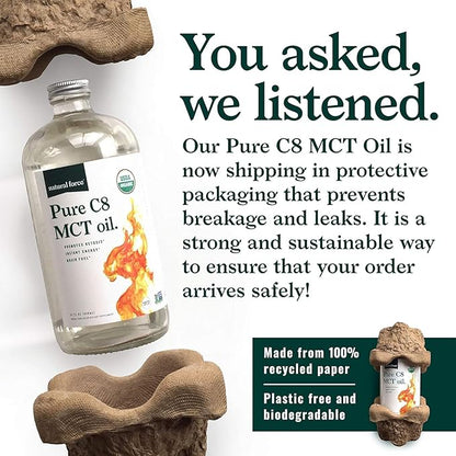 Natural Force Organic Pure C8 MCT Oil – Liquid MCT Oil in Glass Bottle Container – Concentrated Caprylic Acid – Keto, Paleo, Kosher, Vegan & Non-GMO – Lab Tested for Quality and Purity, 32 Ounce