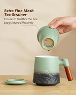 Load image into Gallery viewer, ZENS Tea Mug with Infuser and Lid for Loose Leaf Tea Steeper, 16.9 oz Embossed Ceramic Tea Cup with Fine Strainersand Wood Handle, Diffusers Accessories for Tea Lovers Gifts