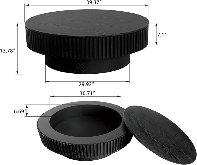 39 Inch Round Drum Coffee Table with Storage, Modern Handcraft Fluted Drum Coffee Table, Wooden Round Cocktail Tea Table Center Table with Sturdy Pedestal for Living Room Apartment (Black)
