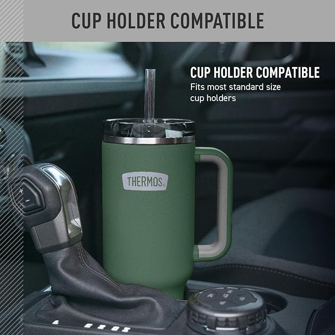THERMOS Stainless Steel Cup Holder Mug - 40 Ounce, Alpine Green - Insulated Tumbler with Lid and Straw, Plus Leak-Resistant Slide Lock