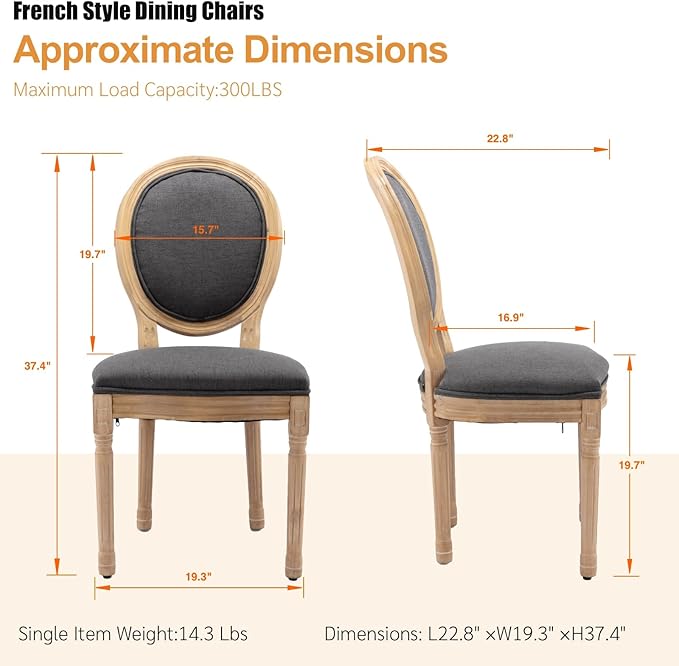 French Country Dining Chairs Set of 2, Vintage Wooden Dining Chairs with Fabric Upholstered Seat&Oval Backrest,Solid Wood Legs&Frame, Farmhouse Kitchen&Living Room Chairs(Dark Gray,2 Pcs)