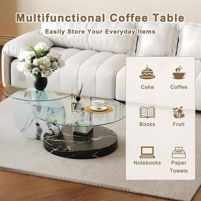 42 Inch Glass Coffee Table，Round Coffee Table with 2-Tier Tempered Glass Tabletop，Easy to Clean Circle Coffee Table with Sturdy Base for Living Room，Office (White & Black Marble Colored Base)
